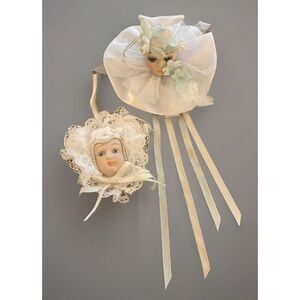 Set of 2 Vintage Harlequin Christmas Hanging Ornaments White Porcelain Face